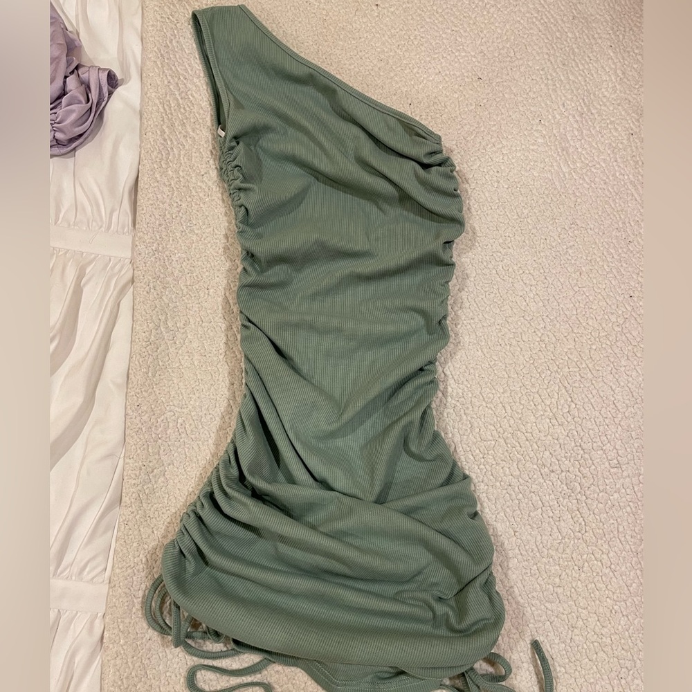 one shoulder green mini dress